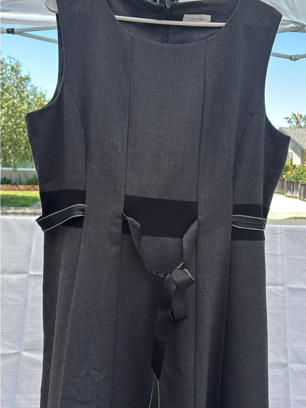 Calvin Klein Charcoal Gray Sleeveless Sheath Dress with Black Waist Ribbon